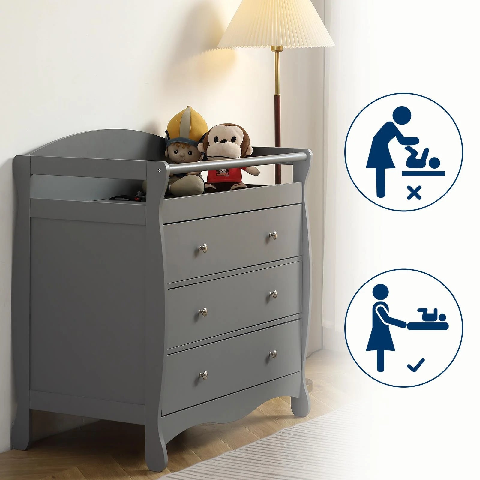 3-Drawer Changing Table, Infant Diaper Changing Station with Drawers, Safety Rails & Strap, Baby Changing Table Dresser for Nursery, Easy Assembly (Gray)
