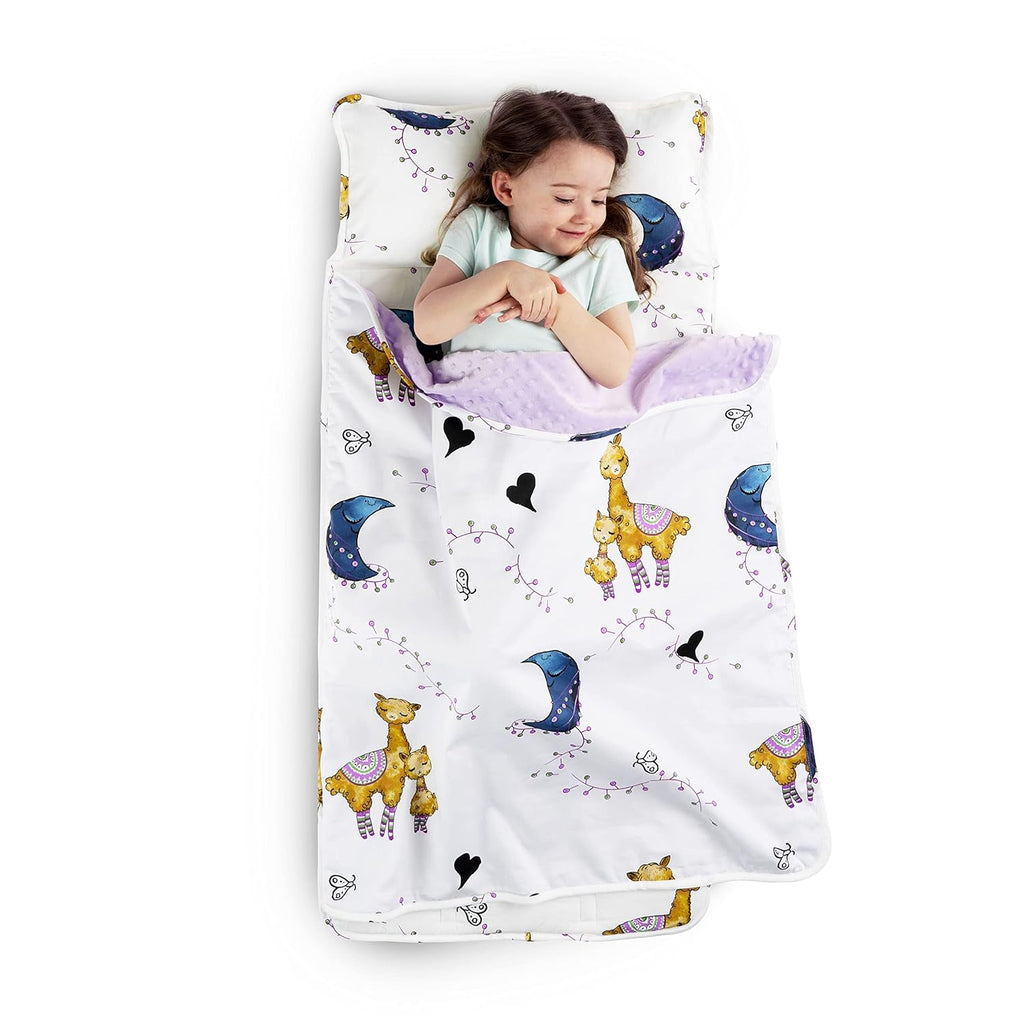 Nap Mat for Kids - Cozy Kids Rest Mat with Removable Pillow and Ultra Soft Blanket for Preschool, Daycare, and Sleepovers - Llama & Mama