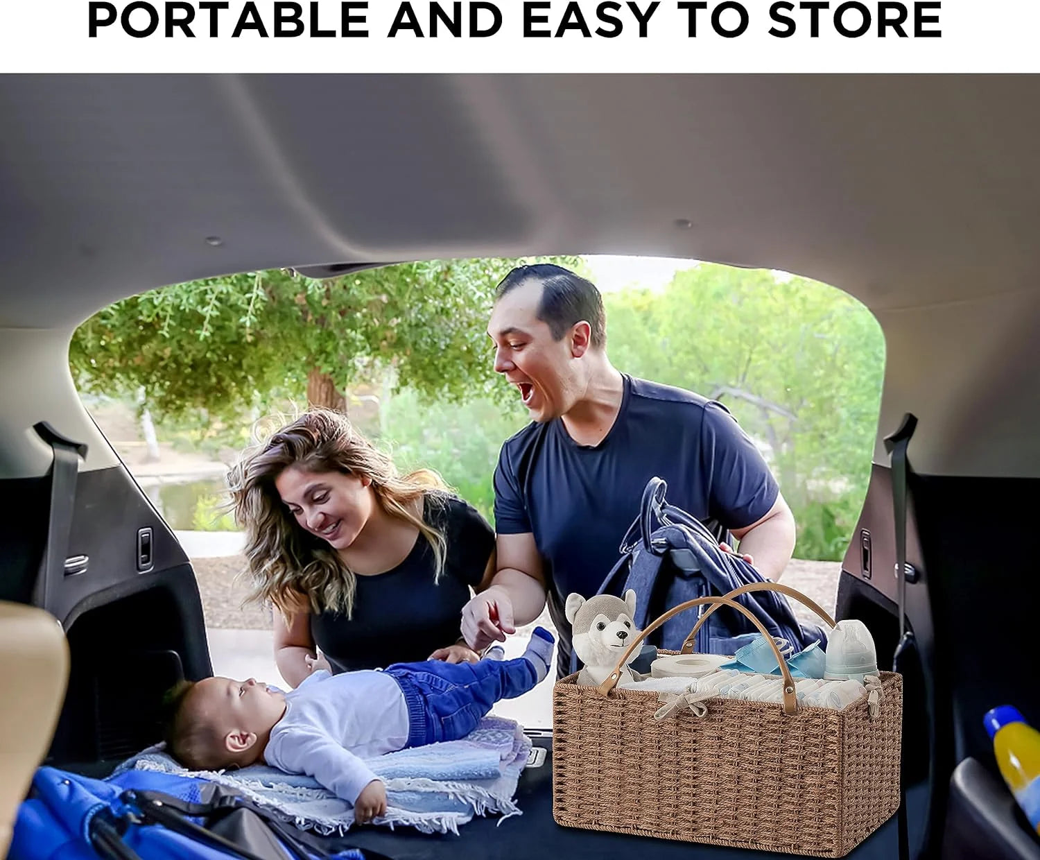 Baby Diaper Caddy Organizer, Paper Rope Nursery Storage Bin Baskets, Changing Table Baby Diaper Storage Portable Car Organizer with Removable Divider, Baby Shower Gifts