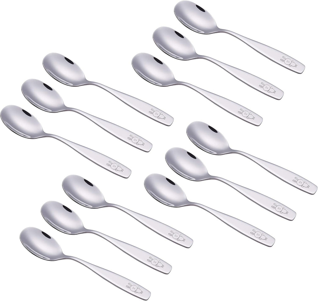 Kids Silverware 12 Pieces Children'S Safe Flatware Set - Children Dinner Spoons, Toddler Utensils, Metal Cutlery Set for Lunchbox (Engraved Dog Bunny) (Stainless Steel, 12 Spoons)