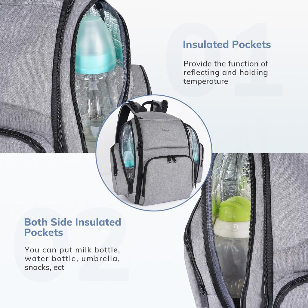 Diaper Bag Backpack, Large Multifunction Waterproof Travel Baby Changing Bag for Dad Mom with 4 Insulated Pockets and Stroller Straps, Maternity Baby Bag for Boys Girls, Grey