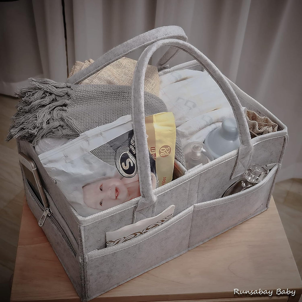. Nursery Basket-Baby Diaper Caddy Organizer for Changing Table-Portable Holder Tote Bag-Car Organizer with Removable Divider-Best Shower Gift Basket for Newborns Registry- Grey & Large Size