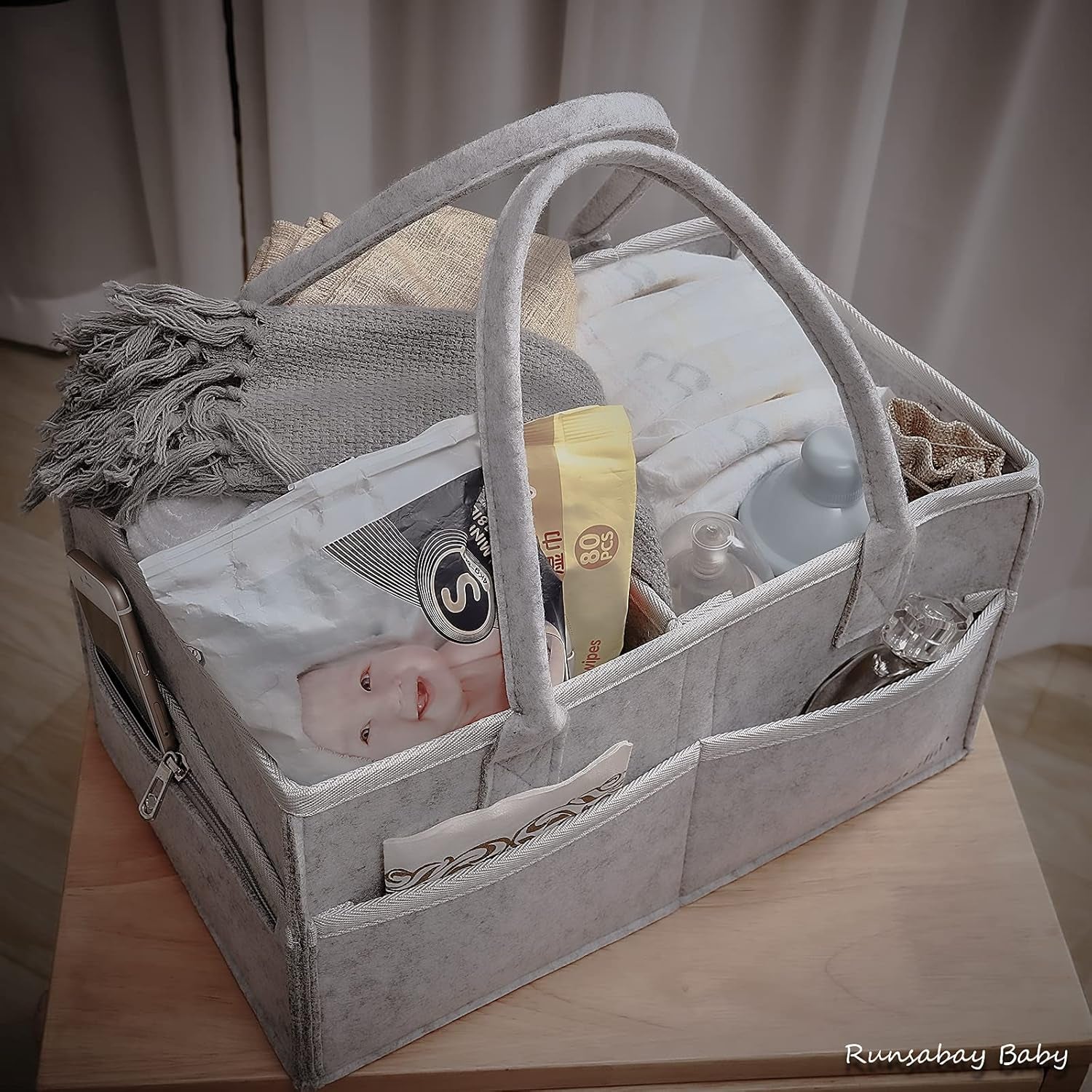 . Nursery Basket-Baby Diaper Caddy Organizer for Changing Table-Portable Holder Tote Bag-Car Organizer with Removable Divider-Best Shower Gift Basket for Newborns Registry- Grey & Large Size