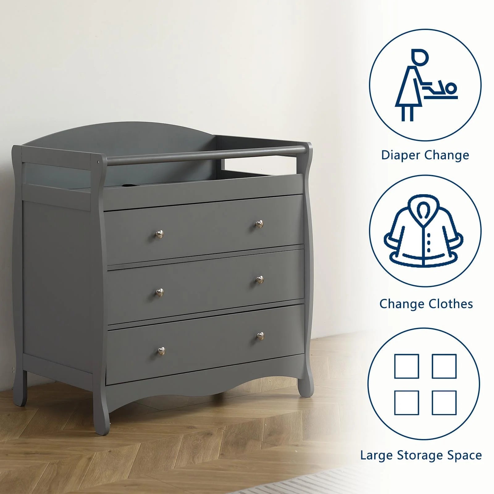3-Drawer Changing Table, Infant Diaper Changing Station with Drawers, Safety Rails & Strap, Baby Changing Table Dresser for Nursery, Easy Assembly (Gray)