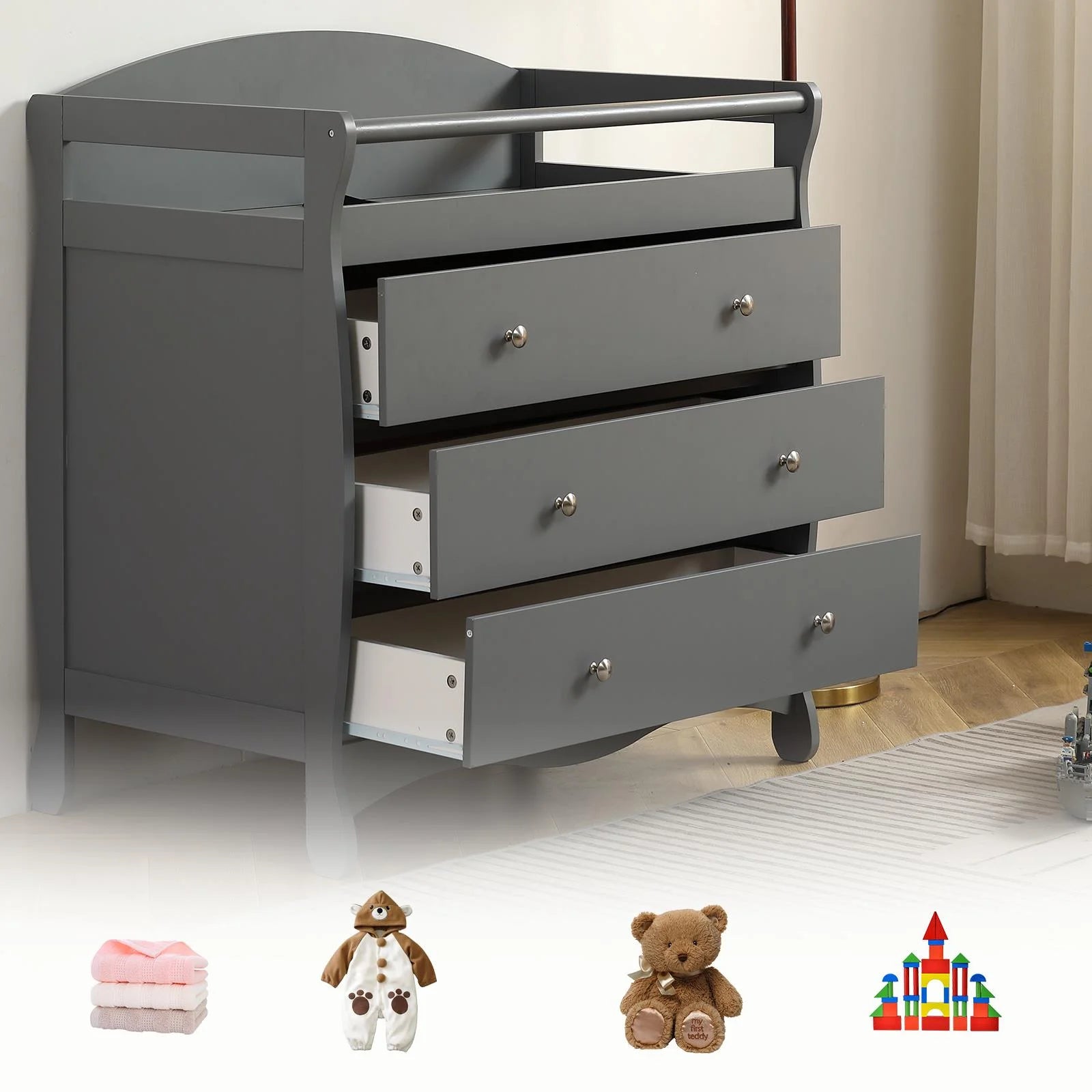 3-Drawer Changing Table, Infant Diaper Changing Station with Drawers, Safety Rails & Strap, Baby Changing Table Dresser for Nursery, Easy Assembly (Gray)