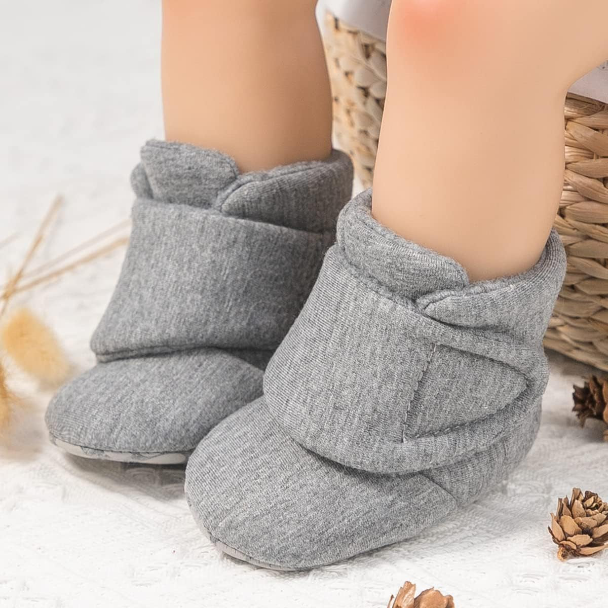 Newborn Infant Baby Girl Boy Cotton Booties Stay on Sock Slippers Soft Bedroom Shoes Non-Skid Ankle Boots with Grippers Toddler Crib Warm Shoe First Walker Birthday Shower