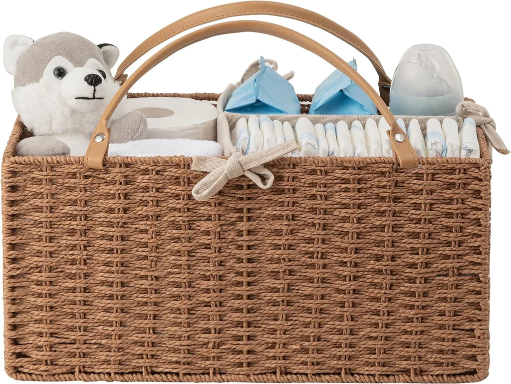 Baby Diaper Caddy Organizer, Paper Rope Nursery Storage Bin Baskets, Changing Table Baby Diaper Storage Portable Car Organizer with Removable Divider, Baby Shower Gifts