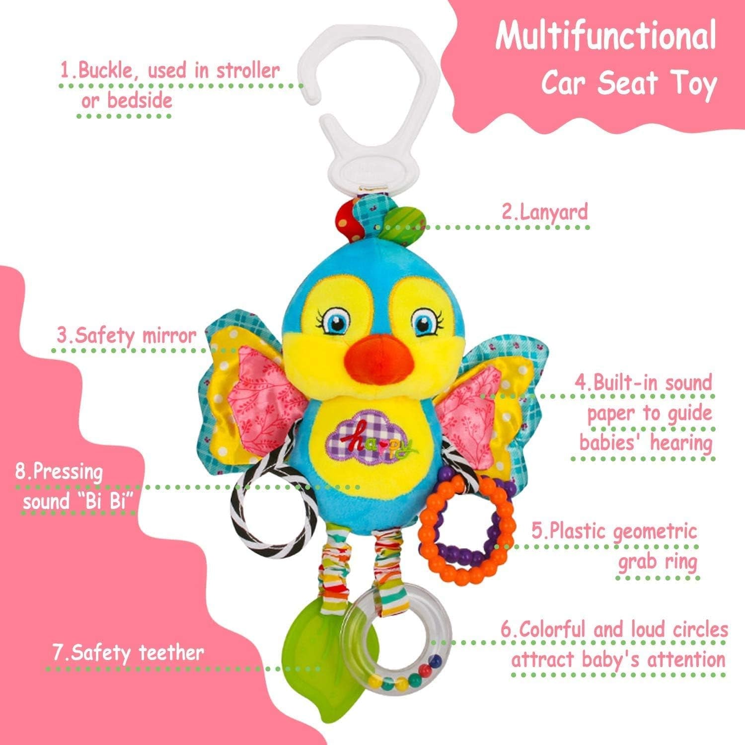 Car Seat Toys, Baby Toys 3-6 Months, Hanging Baby Toys, Stroller Toys Baby Rattles 0-12 Months for Baby Stroller Colorful Animal Bell Rattle for Infants Sensory Toys Baby Musical Toys Soft Kids Crib