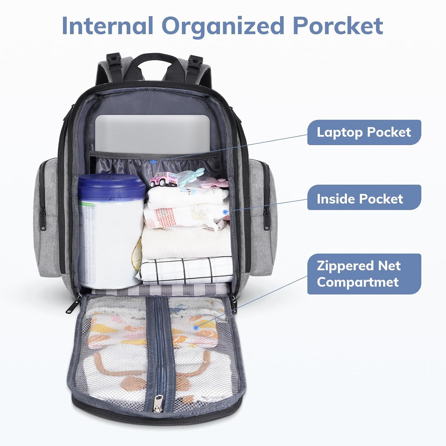 Diaper Bag Backpack, Large Multifunction Waterproof Travel Baby Changing Bag for Dad Mom with 4 Insulated Pockets and Stroller Straps, Maternity Baby Bag for Boys Girls, Grey