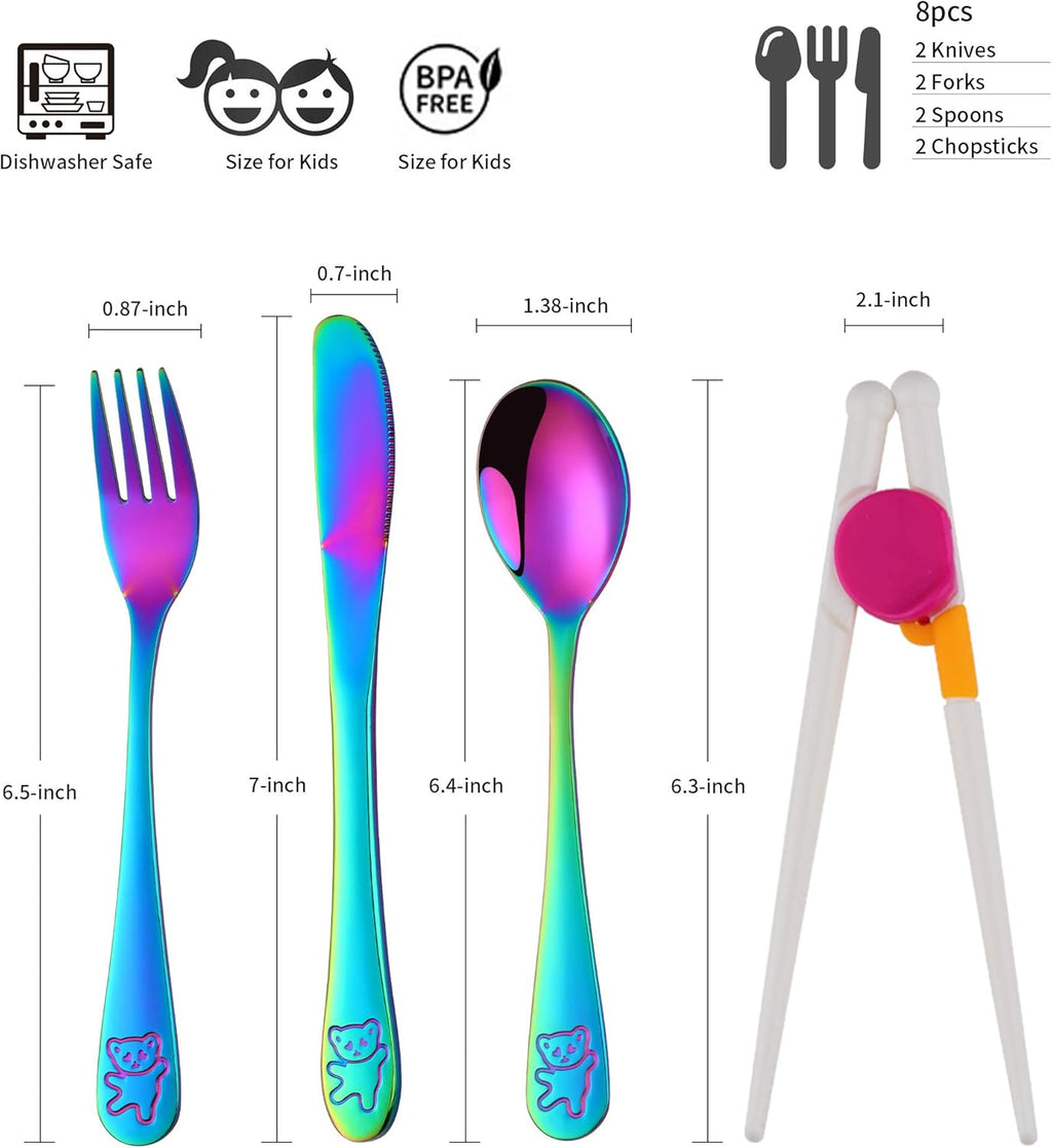 Kids Silverware,  Stainless Steel Children Flatware Set, Toddler Utensils Set of 2, Rainbow