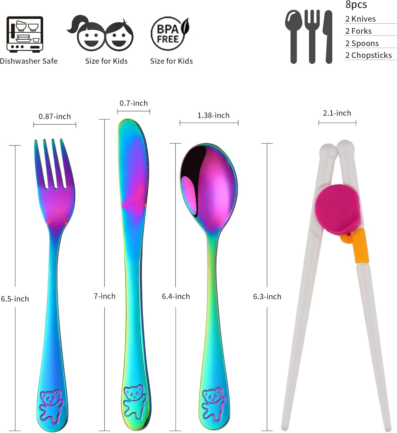 Kids Silverware,  Stainless Steel Children Flatware Set, Toddler Utensils Set of 2, Rainbow