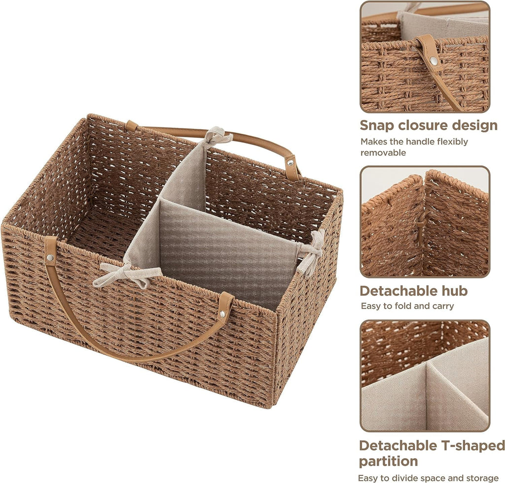 Baby Diaper Caddy Organizer, Paper Rope Nursery Storage Bin Baskets, Changing Table Baby Diaper Storage Portable Car Organizer with Removable Divider, Baby Shower Gifts
