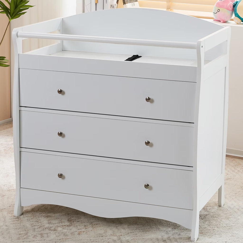 3-Drawer Changing Table, Wood Infant Diaper Changing Station, Baby Dresser for Nursery, (White)