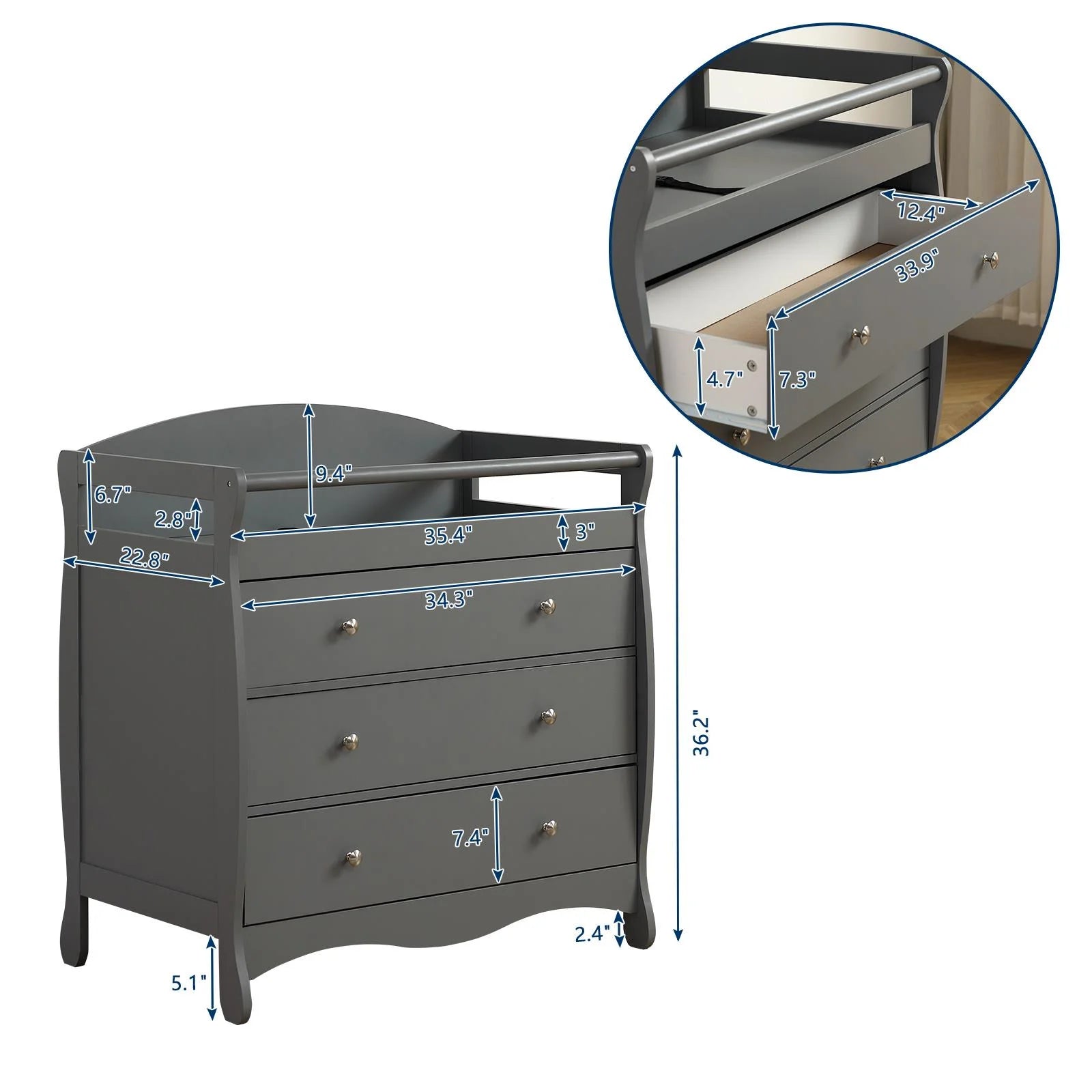 3-Drawer Changing Table, Infant Diaper Changing Station with Drawers, Safety Rails & Strap, Baby Changing Table Dresser for Nursery, Easy Assembly (Gray)
