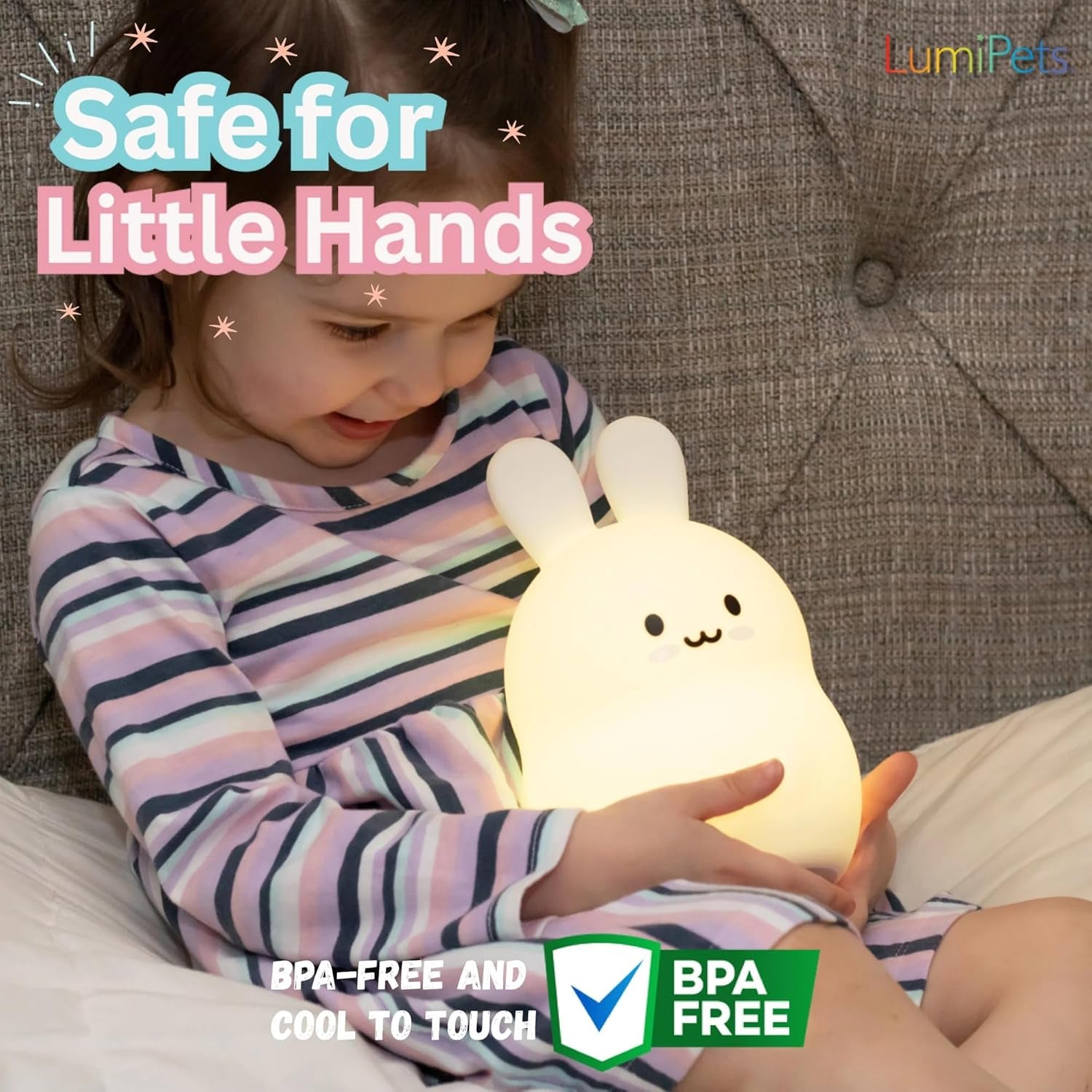 Baxter the Bunny Squishy Night Light for Kids | Silicone Lamp with Tap & Remote Control | Rechargeable Color Changing Animal Night Light for Boys & Girls | Portable Nightlight with USB Cord