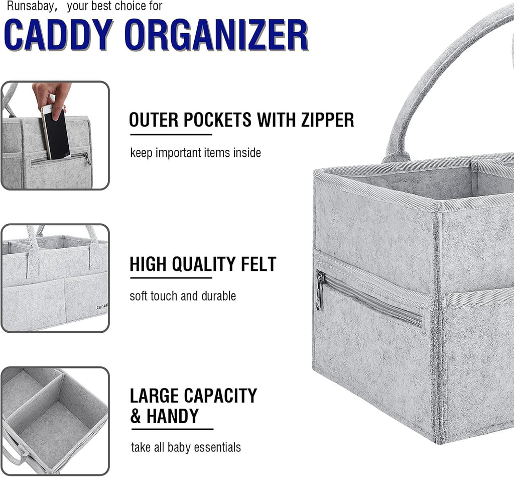 . Nursery Basket-Baby Diaper Caddy Organizer for Changing Table-Portable Holder Tote Bag-Car Organizer with Removable Divider-Best Shower Gift Basket for Newborns Registry- Grey & Large Size