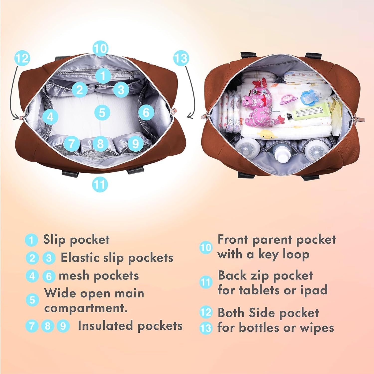 Diaper Bag, Large Travel Diaper Tote for Mom and Dad, Multifunction Baby Tote Bag for Boys and Girls with Pacifier Case and Changing Pad, Caramel