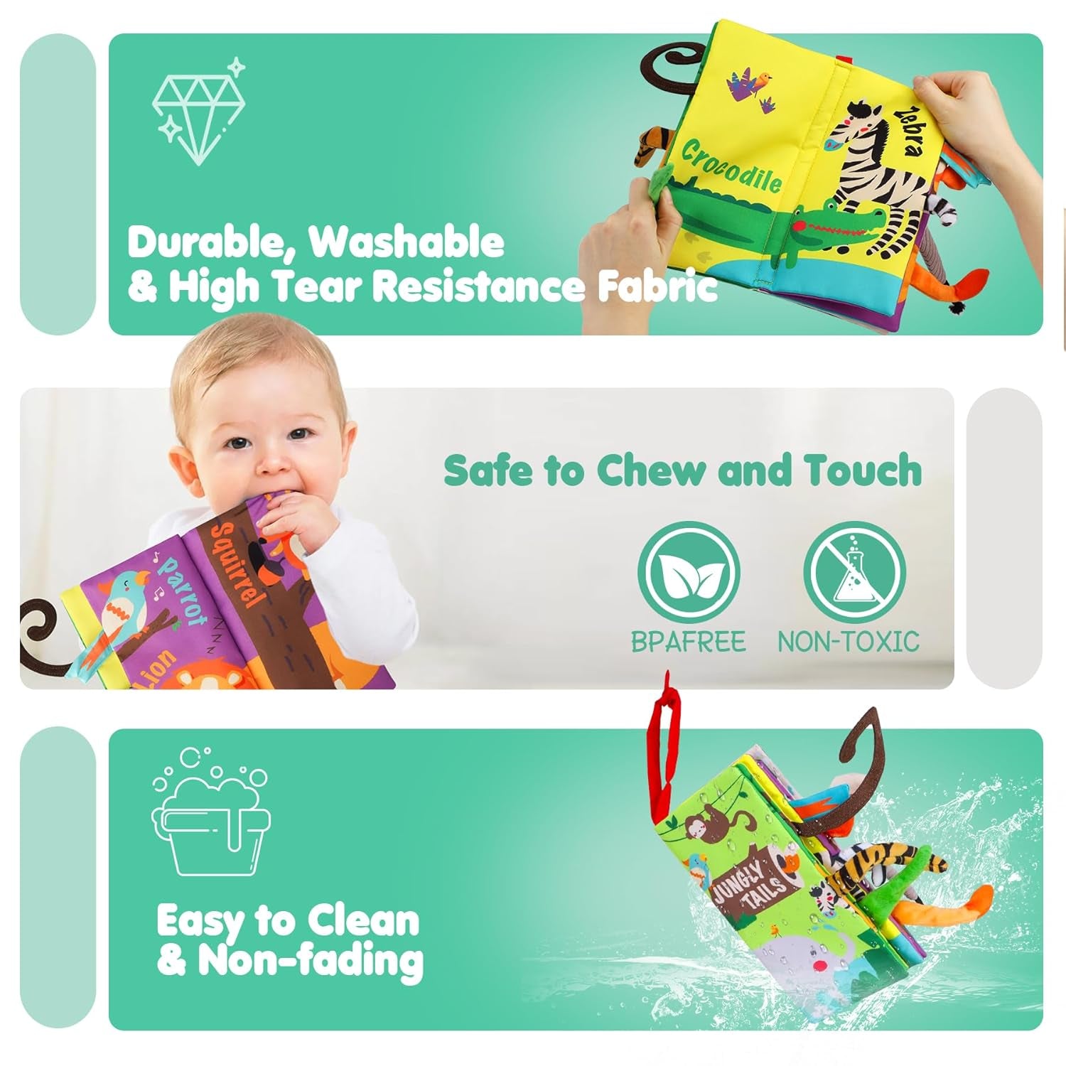 Baby Books Toys, Touch and Feel Crinkle Cloth Book for Infant Baby 0-3-6-12-18 Months, Early Development Interactive Stroller Soft Toys, Newborn Gifts for Boys Girls
