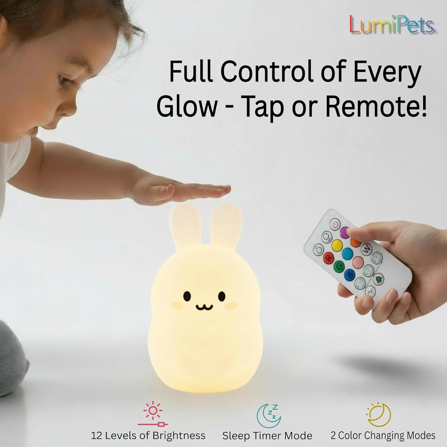 Baxter the Bunny Squishy Night Light for Kids | Silicone Lamp with Tap & Remote Control | Rechargeable Color Changing Animal Night Light for Boys & Girls | Portable Nightlight with USB Cord