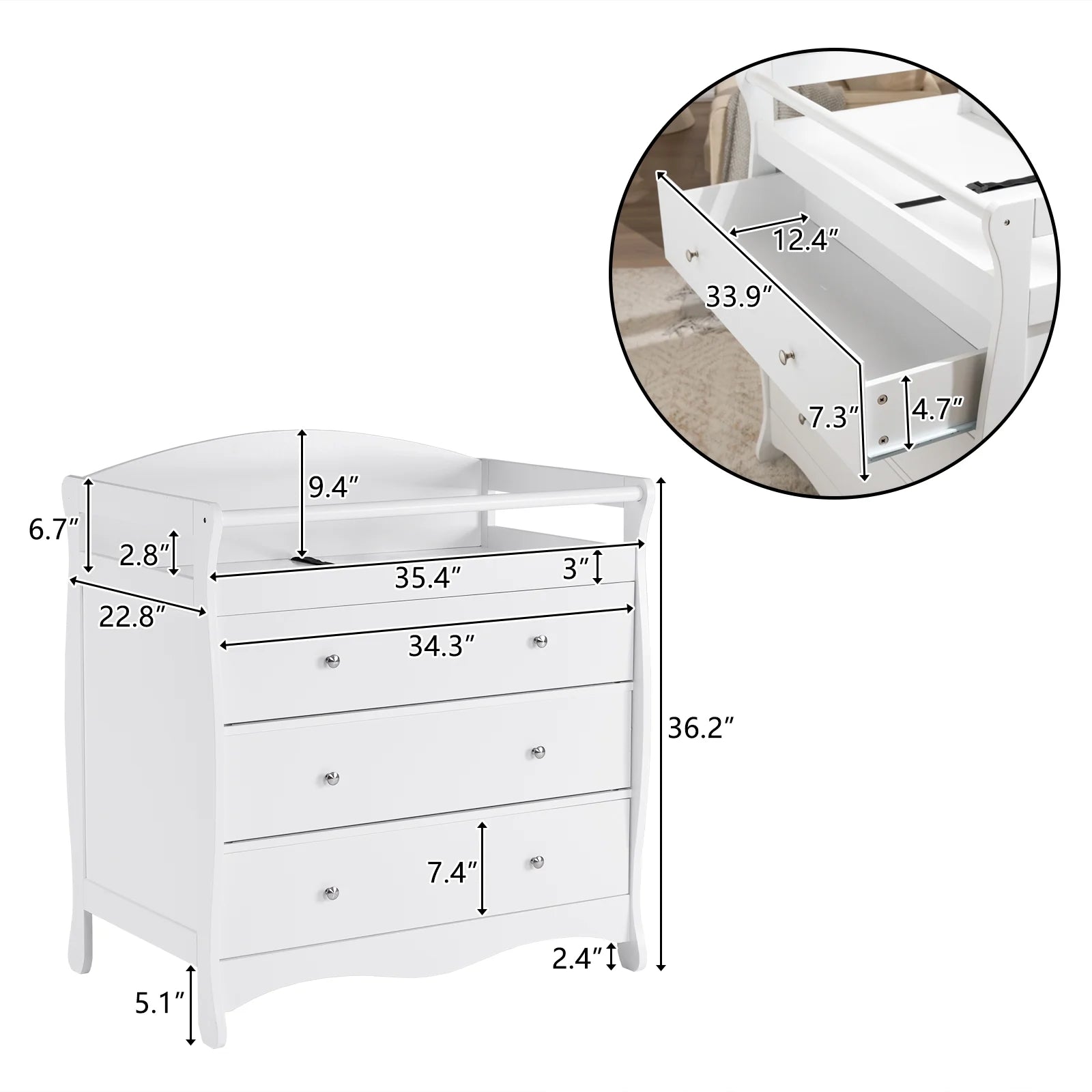 3-Drawer Changing Table, Wood Infant Diaper Changing Station, Baby Dresser for Nursery, (White)