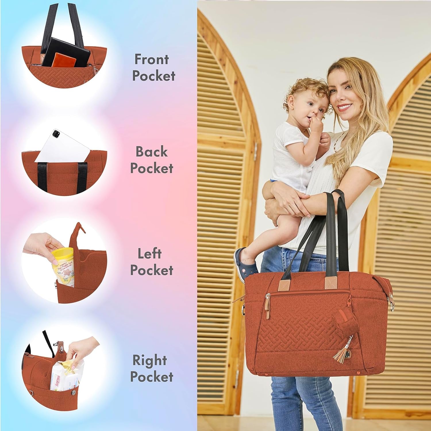 Diaper Bag, Large Travel Diaper Tote for Mom and Dad, Multifunction Baby Tote Bag for Boys and Girls with Pacifier Case and Changing Pad, Caramel