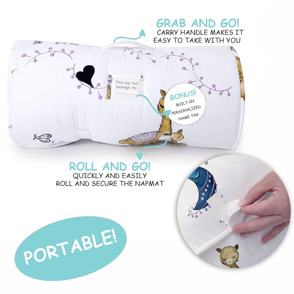 Nap Mat for Kids - Cozy Kids Rest Mat with Removable Pillow and Ultra Soft Blanket for Preschool, Daycare, and Sleepovers - Llama & Mama