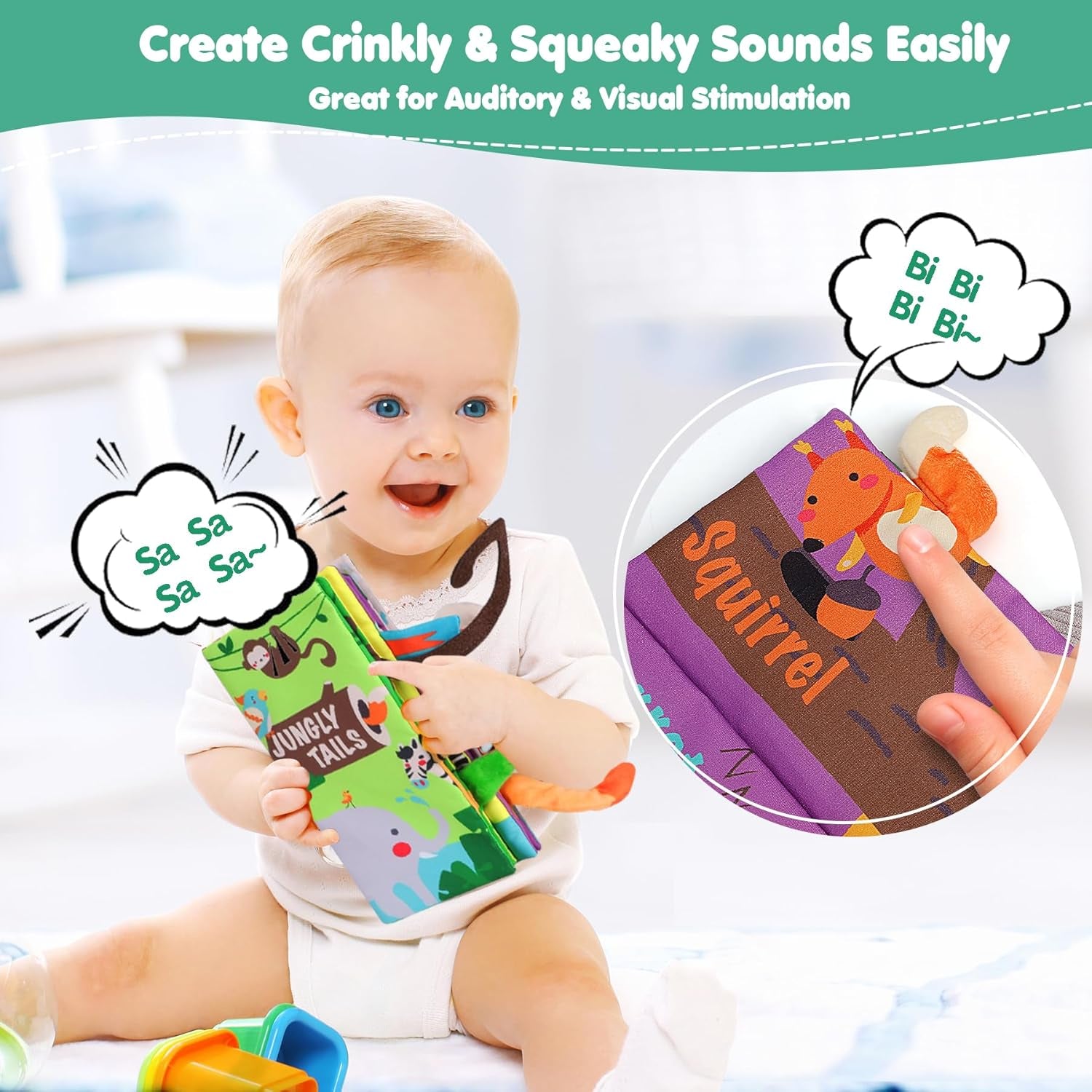 Baby Books Toys, Touch and Feel Crinkle Cloth Book for Infant Baby 0-3-6-12-18 Months, Early Development Interactive Stroller Soft Toys, Newborn Gifts for Boys Girls