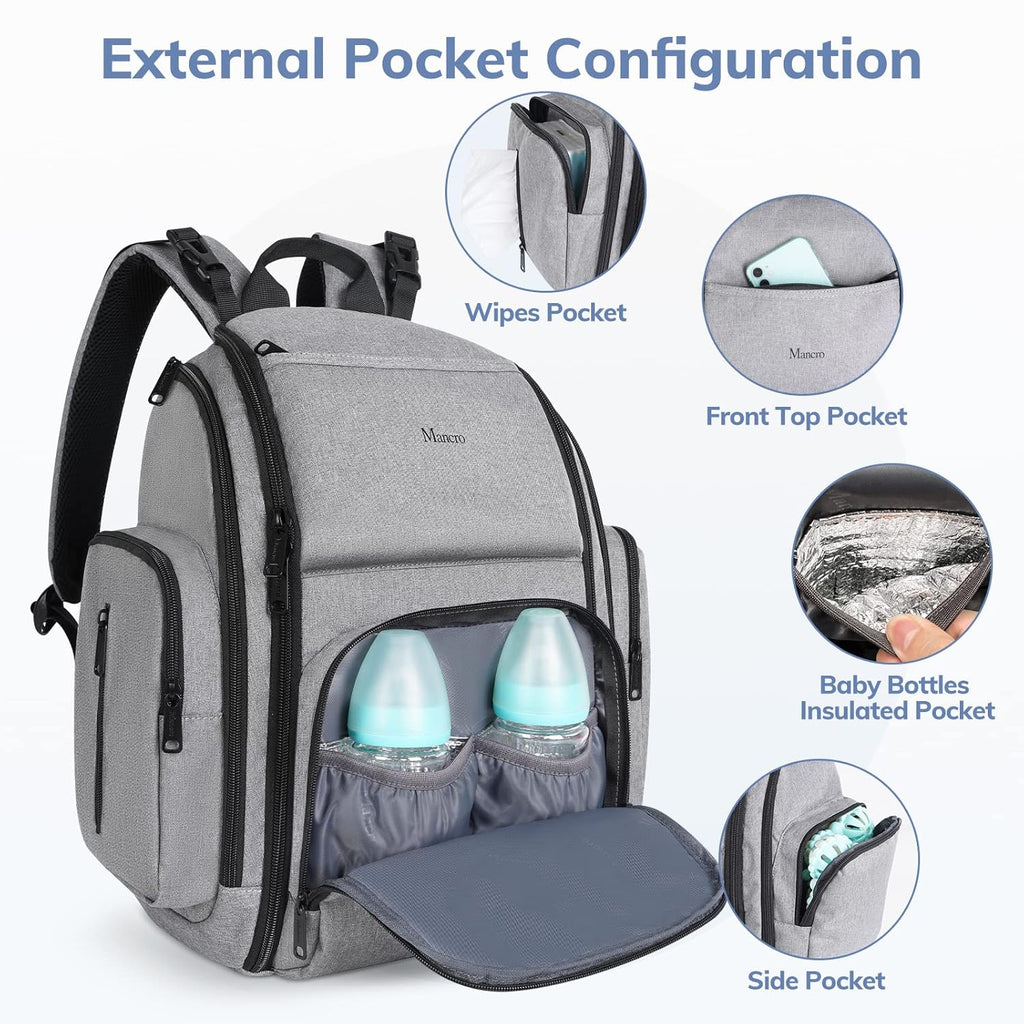 Diaper Bag Backpack, Large Multifunction Waterproof Travel Baby Changing Bag for Dad Mom with 4 Insulated Pockets and Stroller Straps, Maternity Baby Bag for Boys Girls, Grey