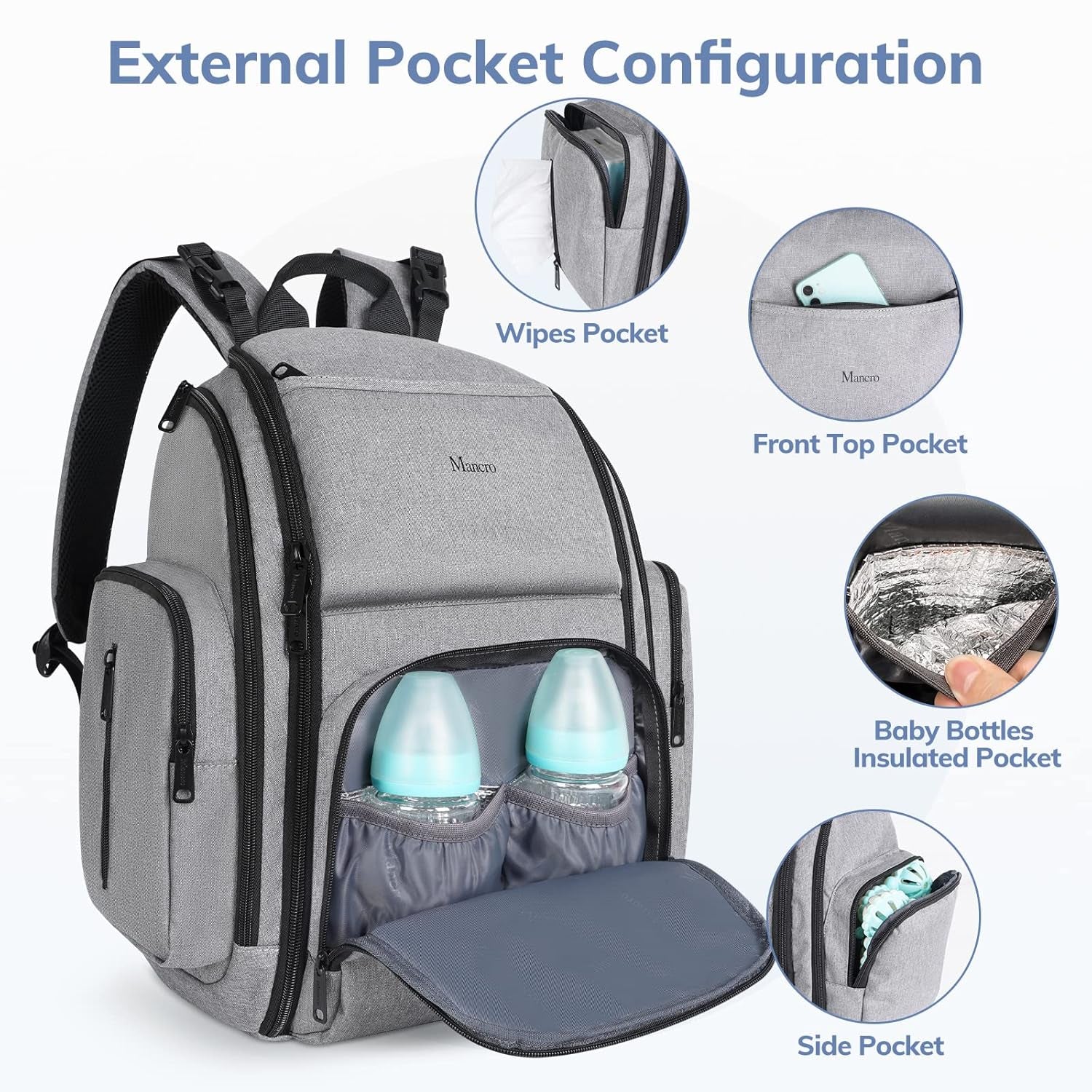 Diaper Bag Backpack, Large Multifunction Waterproof Travel Baby Changing Bag for Dad Mom with 4 Insulated Pockets and Stroller Straps, Maternity Baby Bag for Boys Girls, Grey