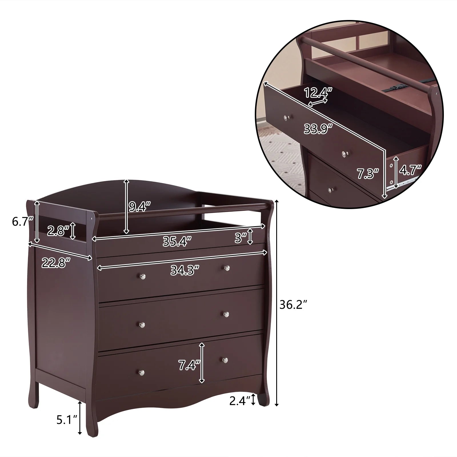 3-Drawer Diaper Changing Table with Safety Rails, Brown