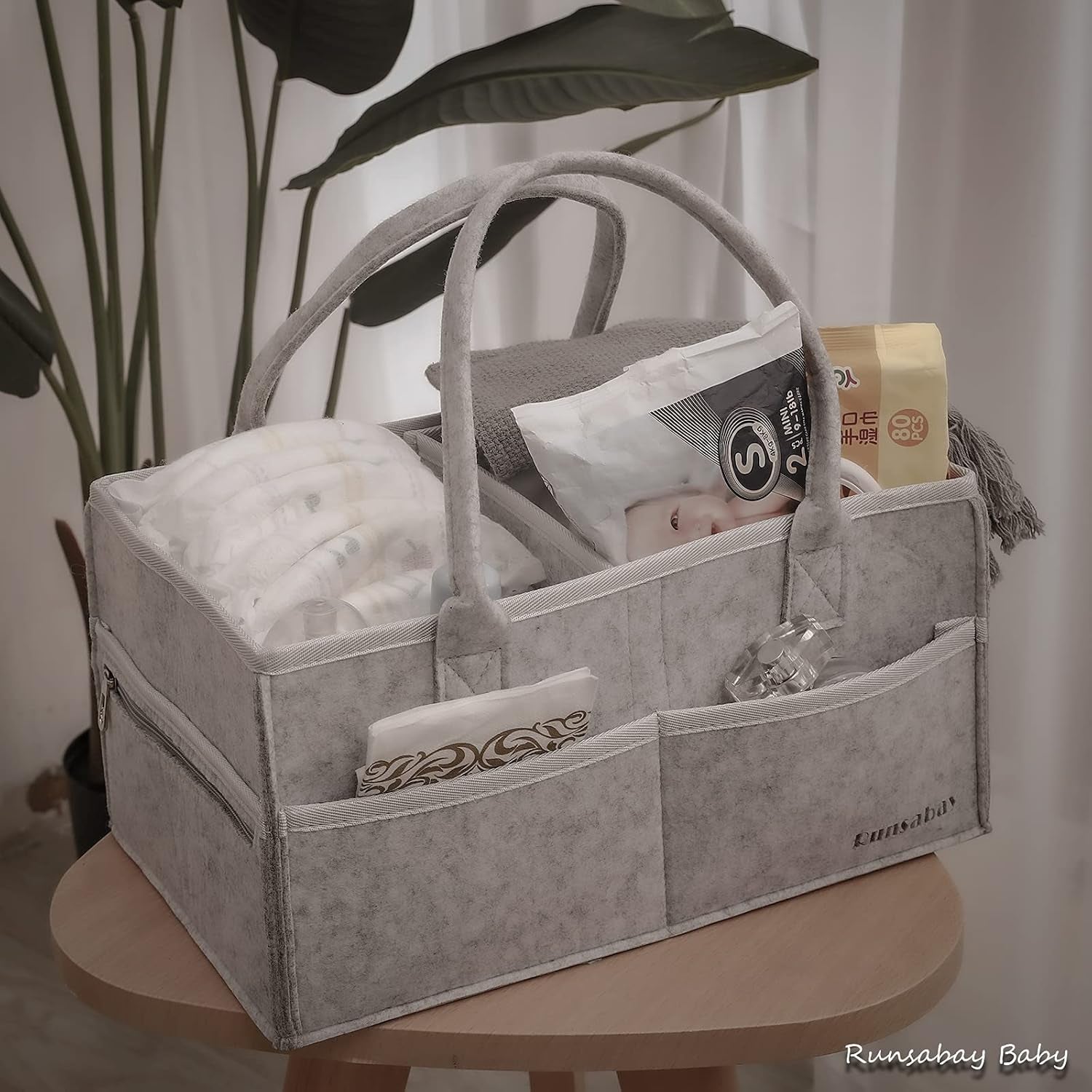 . Nursery Basket-Baby Diaper Caddy Organizer for Changing Table-Portable Holder Tote Bag-Car Organizer with Removable Divider-Best Shower Gift Basket for Newborns Registry- Grey & Large Size
