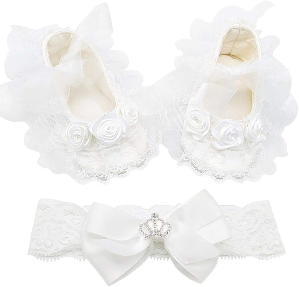 Baby Girls Infant Christening Baptism Lace Newborn Photo Shoot Communion Shoes and Headband Set