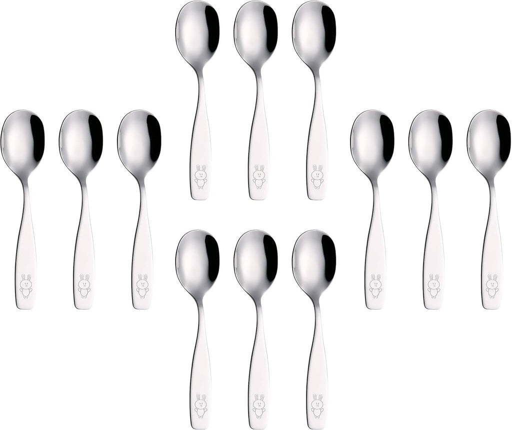 Kids Silverware 12 Pieces Children'S Safe Flatware Set - Children Dinner Spoons, Toddler Utensils, Metal Cutlery Set for Lunchbox (Engraved Dog Bunny) (Stainless Steel, 12 Spoons)