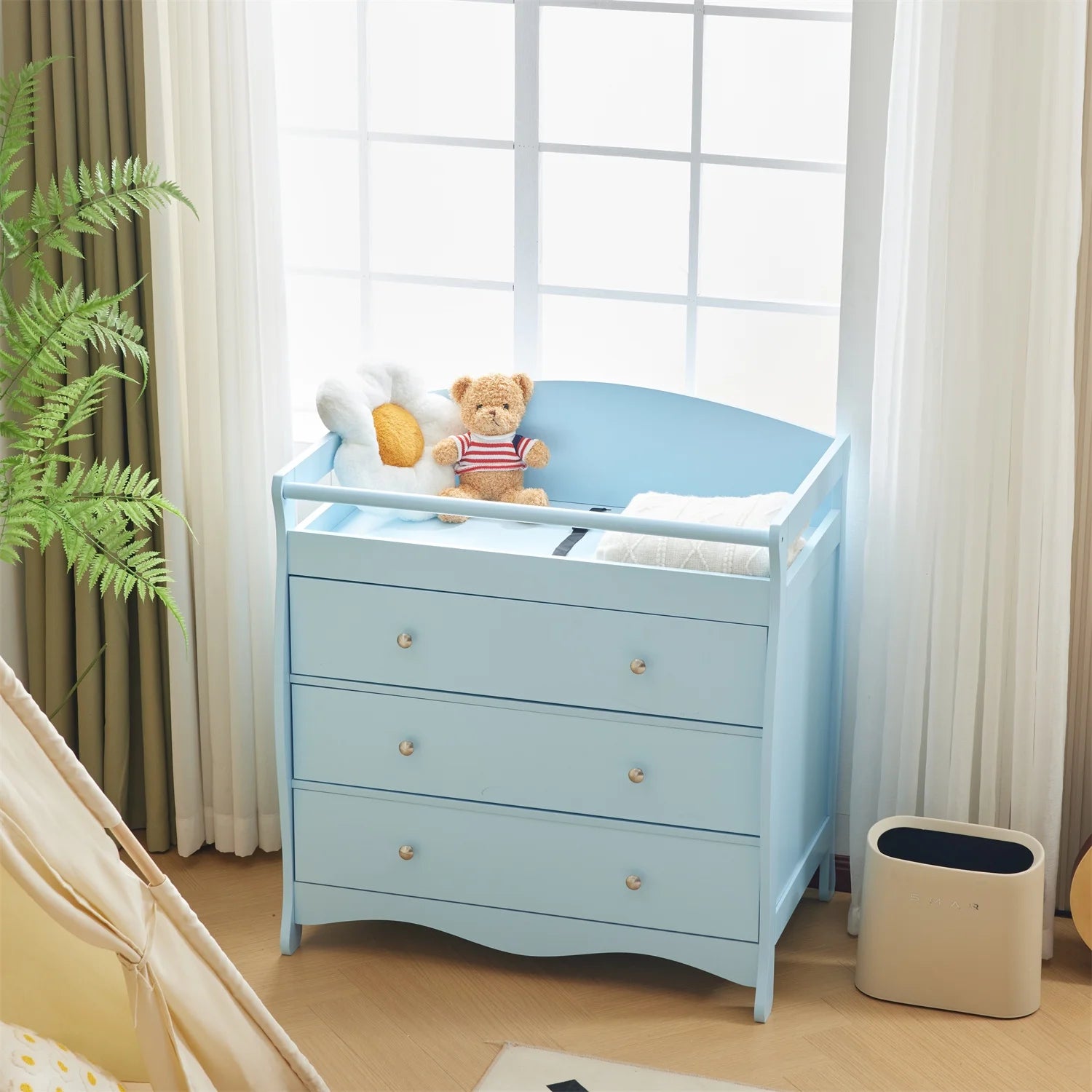 3-Drawer Changing Table, Wood Infant Diaper Changing Station, Baby Dresser for Nursery, (Light Blue)