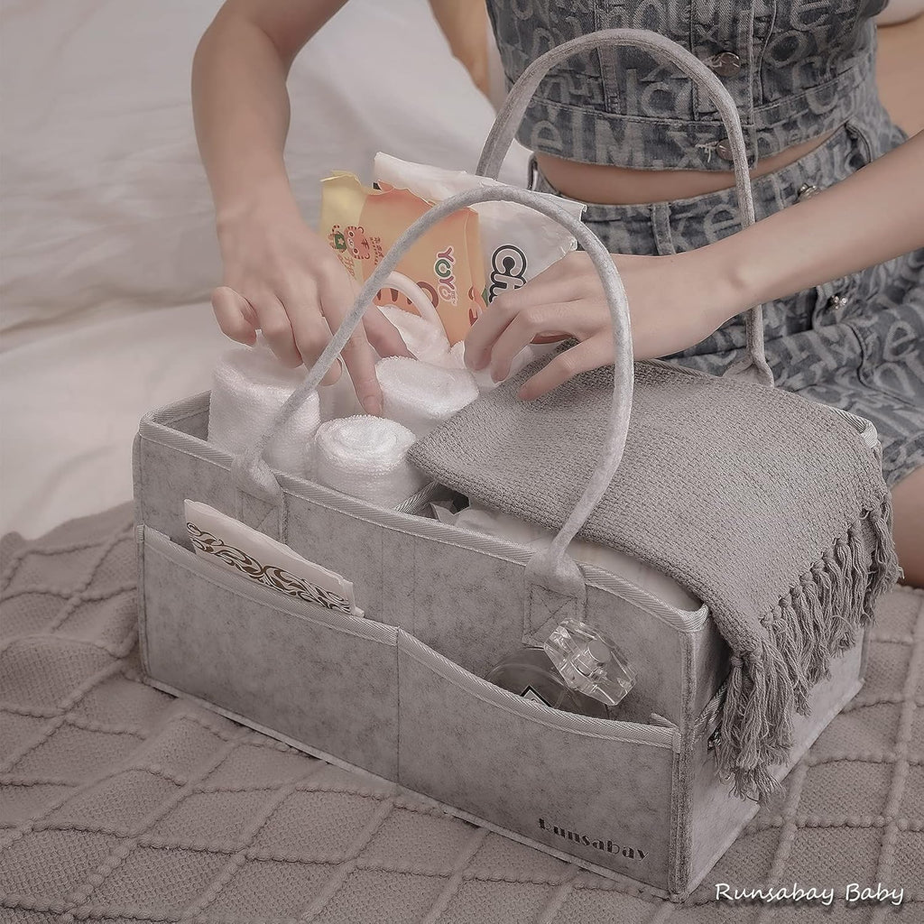 . Nursery Basket-Baby Diaper Caddy Organizer for Changing Table-Portable Holder Tote Bag-Car Organizer with Removable Divider-Best Shower Gift Basket for Newborns Registry- Grey & Large Size